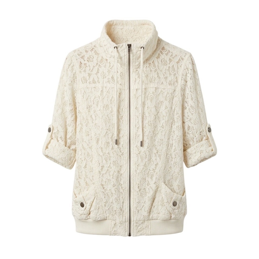 American Rag Womens XL Ivory Floral Lace Zip Up Bomber Jacket Short Sleeve Cream